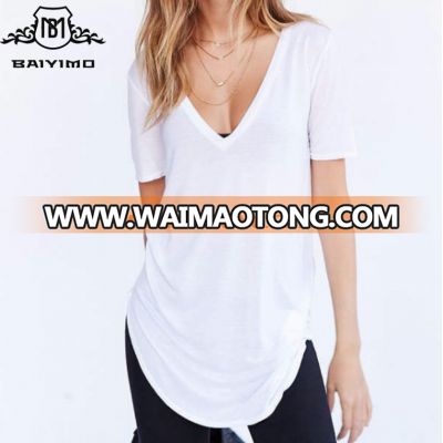 China Wholesale Short Sleeve V neck Longline Blank Women Custom T Shirt