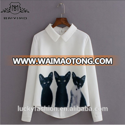 2017 Autumn Long Sleeve Three Cats Collared Fashion Ladies Chiffon Blouse