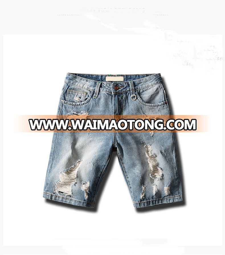 Professional jeans manufacture in guangzhou men's new design male distressed half pants skinny ripped men jeans shorts